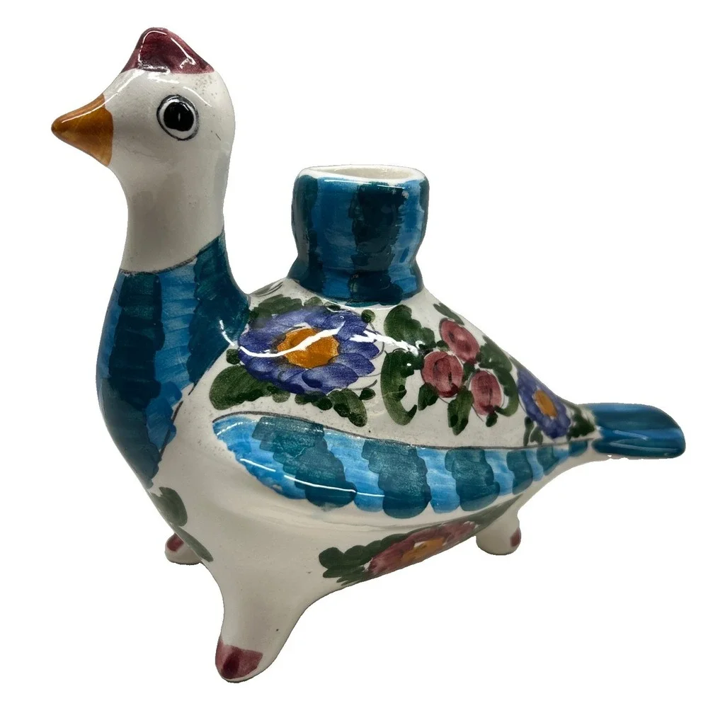 Vintage Skyros Greek Pottery Bird Candle Holder Hand Painted Folk Art Decor